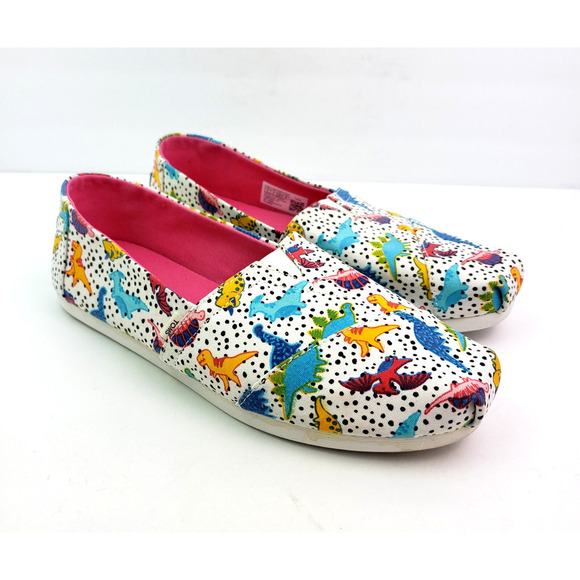 Toms Alpargata Womens Size 8 White Polka Dot Dinosaur Slip On Loafer Shoes - Picture 1 of 11